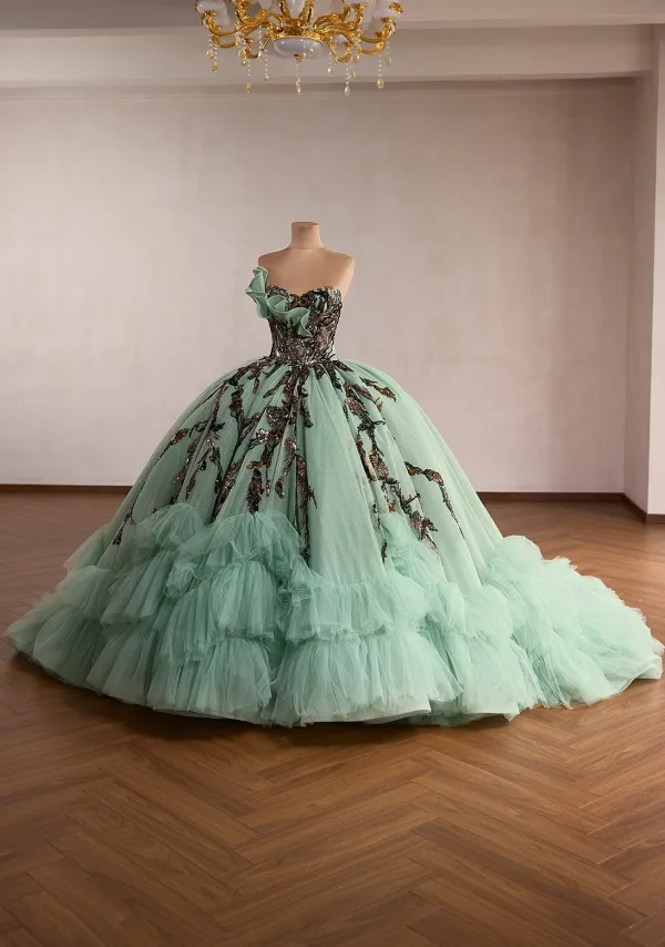 Luxus / Herrlich Salbeigrün Handgefertigt Perlenstickerei Spitze Blumen Ballkleider 2026 Ballkleid Bandeau Ärmellos Rückenfreies Kapelle-Schleppe Festliche Kleider