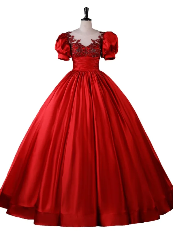 Élégant Rouge Perlage En Dentelle Fleur Robe De Bal 2023 Robe Boule Satin Encolure Dégagée Gonflée Manches Courtes Dos Nu Longue Promo Robe De Ceremonie