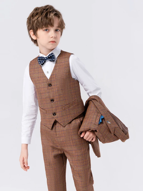 Fashion Brown 5-piece Long Sleeve Boys Wedding Suits 2024 Body Jewellery Coat Pants Tie Vest