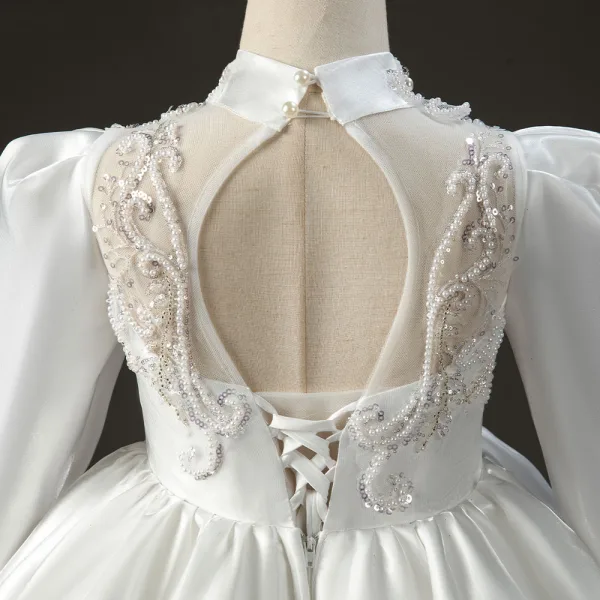 Fashion Ivory Beading Pearl Sequins Rhinestone Satin Birthday Flower Girl Dresses 2022 Ball Gown High Neck Long Sleeve Backless Floor-Length / Long Flower Girl Dresses