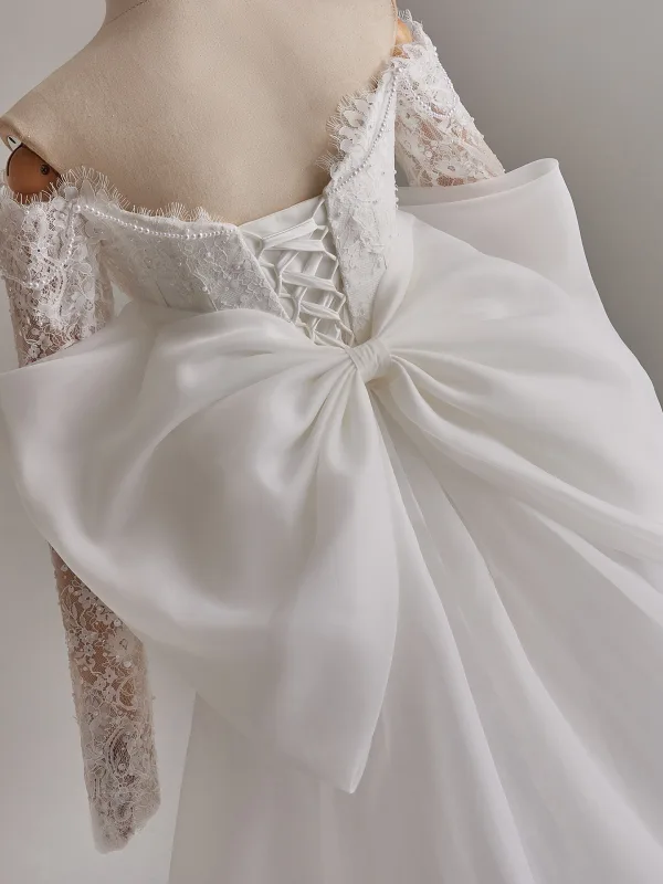 Elegante Schöne Weiß Perle Pailletten Spitze Blumen Applikationen Brautkleider / Hochzeitskleider 2025 Meerjungfrau Off Shoulder Lange Ärmel Rückenfreies Schleife