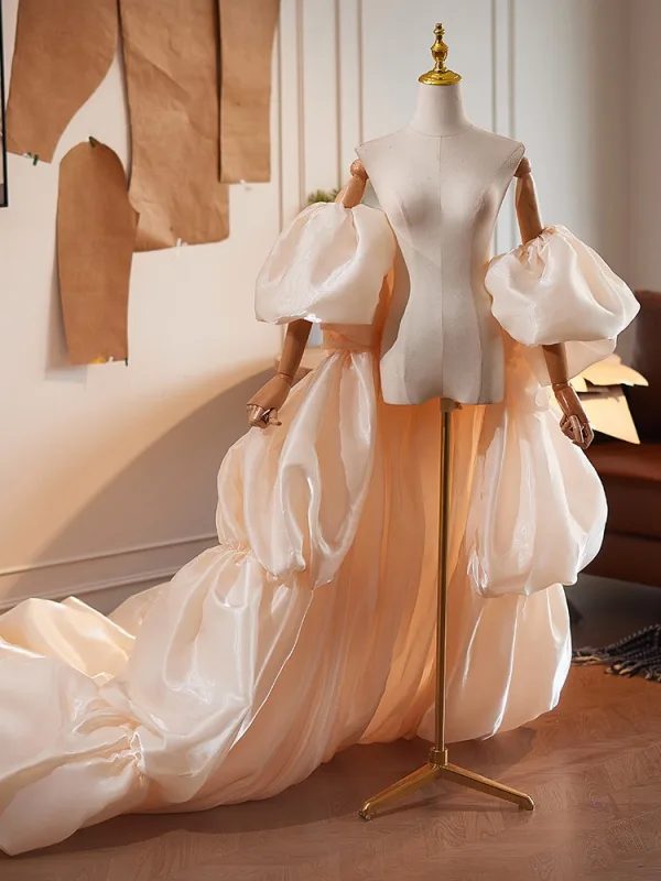 Fashion Champagne Handmade Cascading Ruffles Puffy Short Sleeve Prom shawl 2025 Tulle