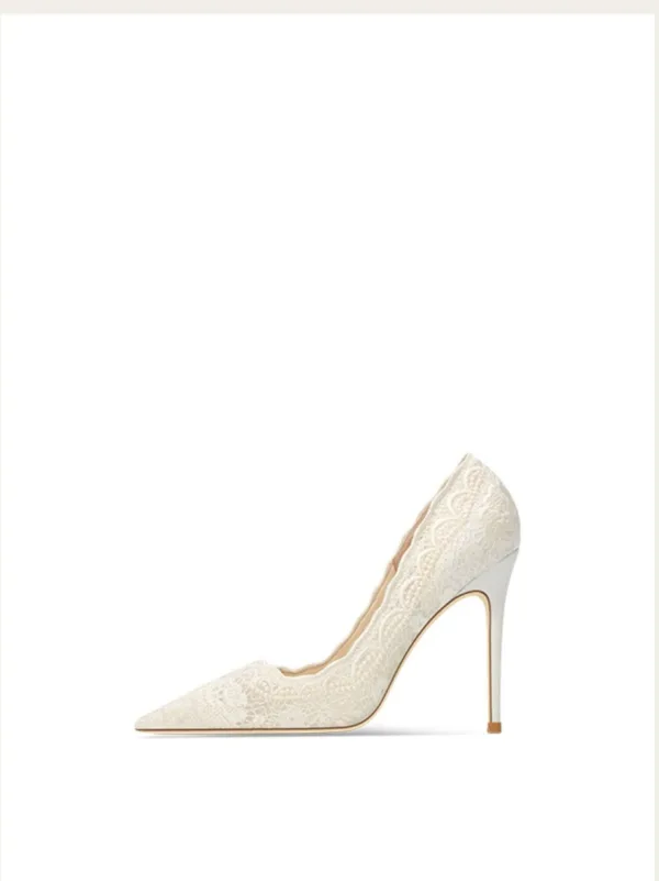 Elegant Ivory Lace Flower Wedding Shoes 2024 Leather 10 cm Stiletto Heels Pointed Toe Wedding Pumps High Heels