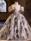 Chic / Beautiful Black Gold Printing Birthday Flower Girl Dresses 2024 Ball Gown Scoop Neck Short Sleeve Backless Floor-Length / Long