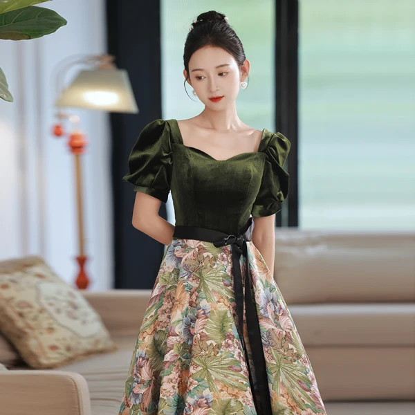 Elegant Dark Green Printing Prom Dresses 2022 A-Line / Princess Square Neckline Puffy Short Sleeve Backless Bow Sash Floor-Length / Long Prom Formal Dresses
