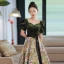 Elegant Dark Green Printing Prom Dresses 2022 A-Line / Princess Square Neckline Puffy Short Sleeve Backless Bow Sash Floor-Length / Long Prom Formal Dresses
