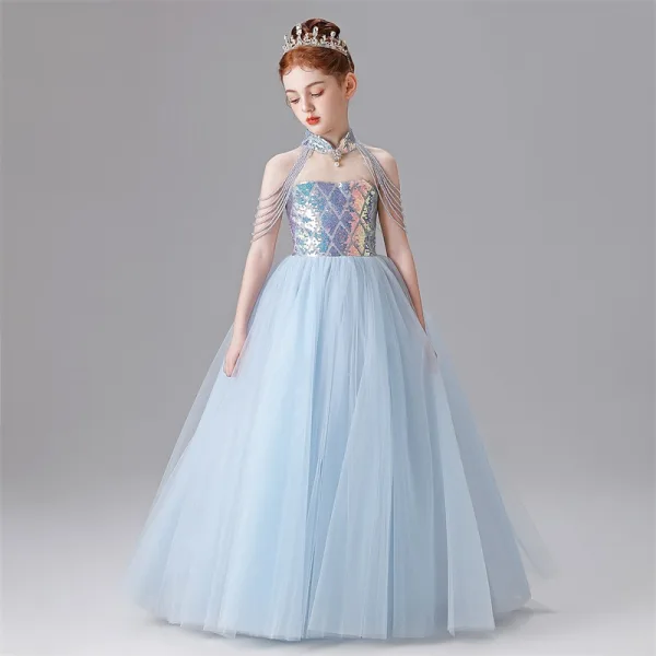 Fashion Sky Blue Beading Tassel Sequins Birthday Flower Girl Dresses 2025 Ball Gown High Neck Sleeveless Floor-Length / Long