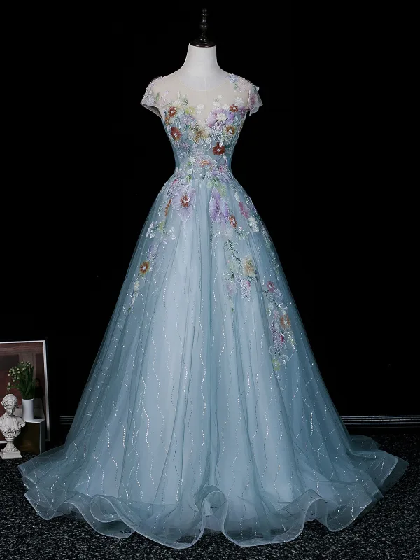 Vintage Himmelblau Perlenstickerei Spitze Blumen Pailletten Ballkleider 2026 Ballkleid Rundhalsausschnitt Ärmel Rückenfreies
