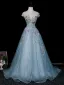 Vintage Himmelblau Perlenstickerei Spitze Blumen Pailletten Ballkleider 2026 Ballkleid Rundhalsausschnitt Ärmel Rückenfreies