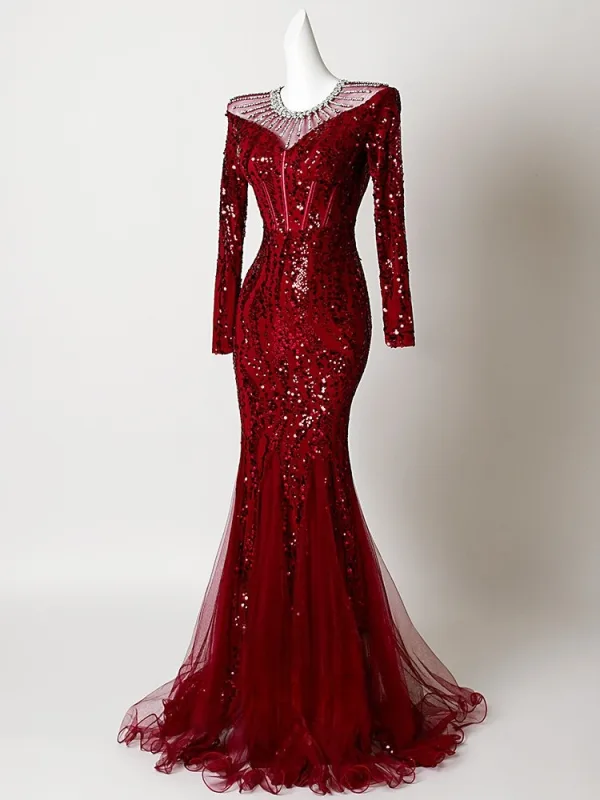 Bling Bling Burgundy Rhinestone Sequins Evening Dresses 2026 Trumpet / Mermaid Scoop Neck Long Sleeve Sweep Train Formal Dresses