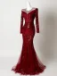 Bling Bling Burgundy Rhinestone Sequins Evening Dresses 2026 Trumpet / Mermaid Scoop Neck Long Sleeve Sweep Train Formal Dresses