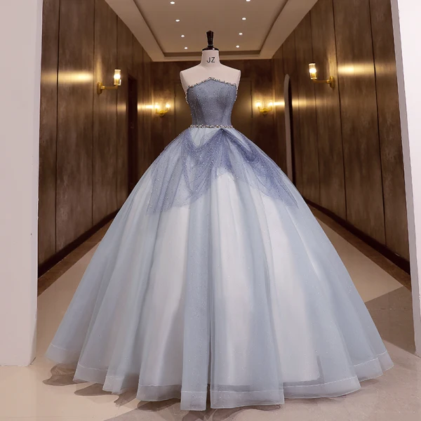 Charming Sky Blue Beading Pearl Sequins Prom Dresses 2022 Ball Gown Sleeveless Backless Floor-Length / Long Strapless Formal Dresses