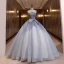 Charming Sky Blue Beading Pearl Sequins Prom Dresses 2022 Ball Gown Sleeveless Backless Floor-Length / Long Strapless Formal Dresses