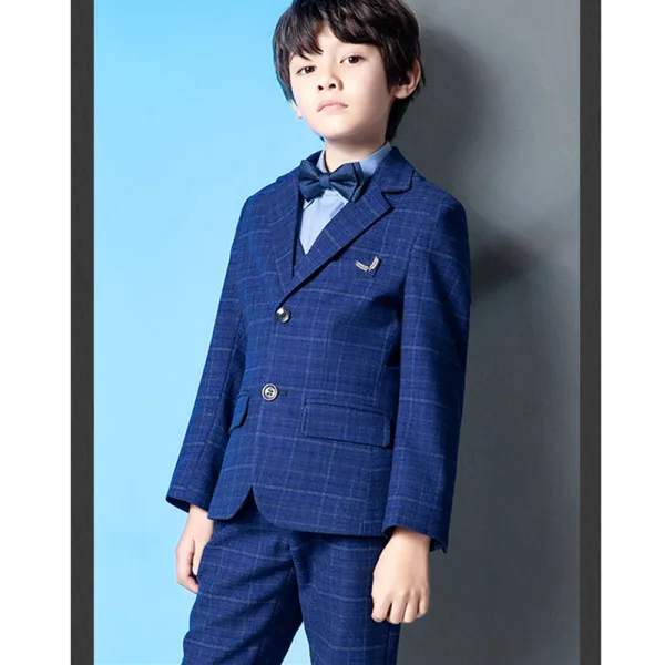 Bleu Marine 5 pièces Mariage Costume Garçon Mariage 2022 Manches Longues Manteau Pantalon Chemise Cravate Gilet