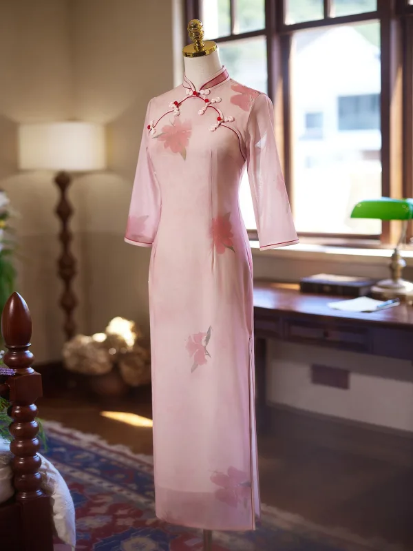 Chic / Beautiful Blushing Pink Tea-length Cheongsam 2024 Trumpet / Mermaid High Neck 1/2 Sleeves Prom