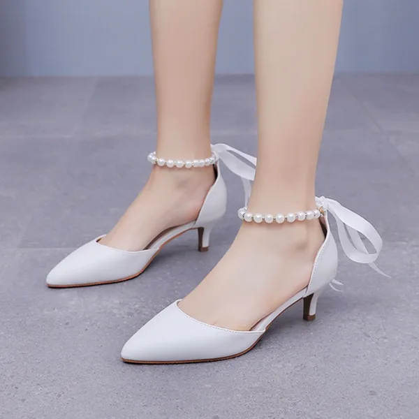 Élégant Blanche Perle Bride Cheville Noeud Chaussure De Mariée 2024 5 cm Talons Aiguilles À Bout Pointu Mariage Talons Hauts
