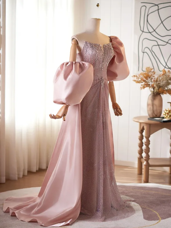 Luxe Rougissant Rose Faux Diamant Paillettes Robe De Bal 2026 Trompette / Sirène Bustier Gonflée Manches Courtes Dos Nu Train De Balayage Robe De Ceremonie
