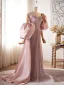Luxe Rougissant Rose Faux Diamant Paillettes Robe De Bal 2026 Trompette / Sirène Bustier Gonflée Manches Courtes Dos Nu Train De Balayage Robe De Ceremonie