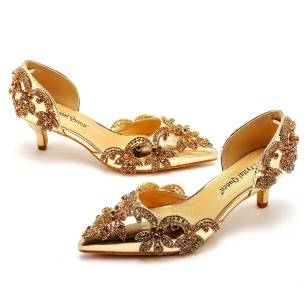 Chic / Beautiful Gold Evening Party Rhinestone Womens Sandals 2023 5 cm Stiletto Heels Pointed Toe Sandals High Heels