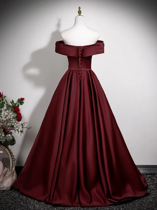 Modest / Simple Vintage / Retro Burgundy Satin Prom Dresses 2025 Ball Gown Off-The-Shoulder Short Sleeve Backless Floor-Length / Long Formal Dresses