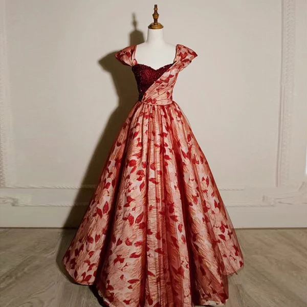Elegant Burgundy Printing Sequins Prom Dresses 2023 Ball Gown Off-The-Shoulder Short Sleeve Backless Floor-Length / Long Formal Dresses