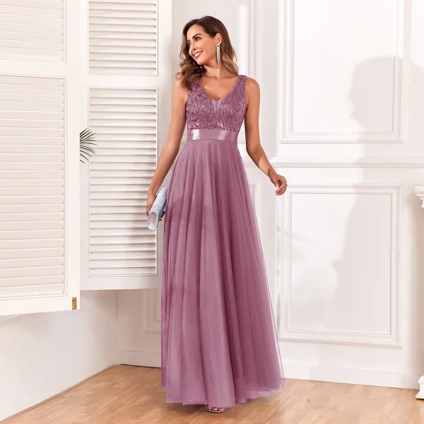 Chic / Beautiful Ocean Blue Lace Flower Sequins Evening Dresses 2024 A-Line / Princess V-Neck Sleeveless Backless Floor-Length / Long Evening Party Formal Dresses