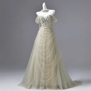Réservé Vert Cendré Perlage Paillettes Appliques Robe De Bal 2026 Princesse De L Épaule Manches Courtes Dos Nu Longue Robe De Ceremonie