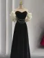 Chic / Beautiful Black Pearl Velvet Prom Dresses 2024 A-Line / Princess Off-The-Shoulder Puffy Short Sleeve Backless Floor-Length / Long Prom Formal Dresses