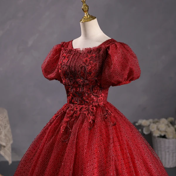 Bling Bling Burgundy Sequins Lace Flower Prom Dresses 2023 Square Neckline Puffy Short Sleeve Backless Floor-Length / Long Prom Formal Dresses