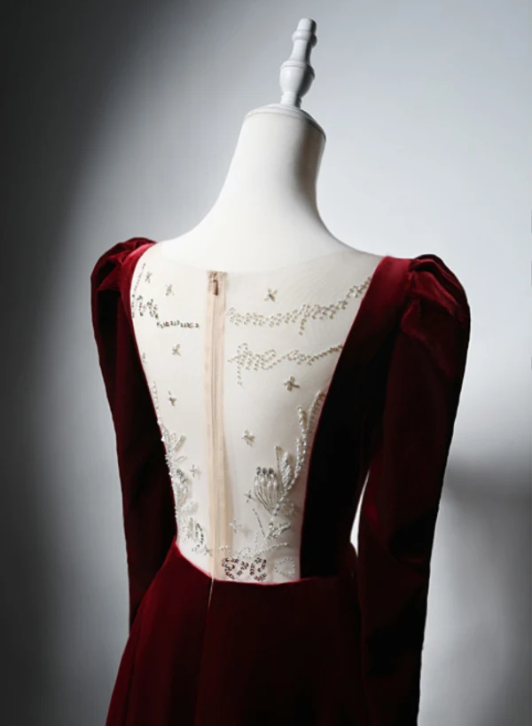 Vintage / Retro Beading Burgundy Velvet Winter Prom Dresses 2024 A-Line / Princess V-Neck Long Sleeve Floor-Length / Long Prom Formal Dresses