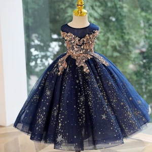 Charming Navy Blue Beading Star Sequins Birthday Flower Girl Dresses 2023 Ball Gown Scoop Neck Sleeveless Floor Length Long Flower Girl Dresses