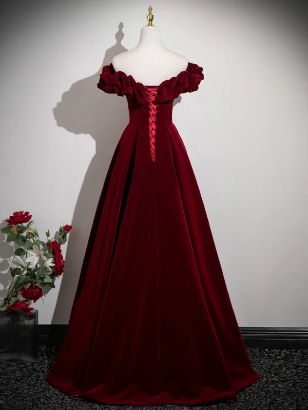 Vintage / Retro Burgundy Velvet Prom Dresses 2025 Ball Gown Ruffle Off-The-Shoulder Short Sleeve Backless Floor-Length / Long Formal Dresses