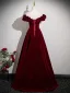 Vintage / Retro Burgundy Velvet Prom Dresses 2025 Ball Gown Ruffle Off-The-Shoulder Short Sleeve Backless Floor-Length / Long Formal Dresses