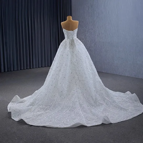 Occidental Blanche Fait main Perlage Perle Paillettes Robe De Mariée 2024 Trompette / Sirène Bustier Sans Manches Dos Nu Tribunal Train