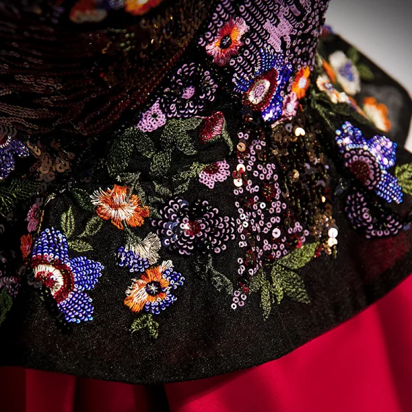 Vintage / Retro Burgundy Lace Flower Sequins Satin Prom Dresses 2023 A-Line / Princess Strapless Sleeveless Backless Floor-Length / Long Formal Dresses
