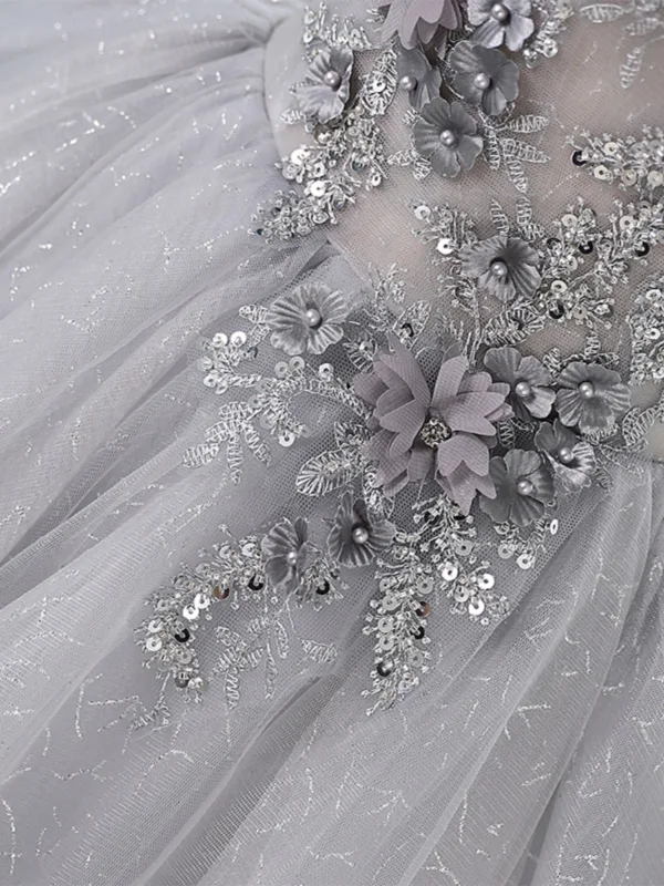 Chic / Belle Gris Perlage Appliques Paillettes Courte Anniversaire Robe De Fête 2024 Robe Boule De l'épaule Manches Courtes Dos Nu Robe De Ceremonie