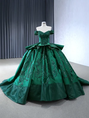 High End Vintage Mørk Grønn Håndlaget Paljetter Gripende Ruffles Ballkjoler 2024 Ballkjole Av Skulderen Korte Ermer Ryggløse Domstol Tog Ball Formelle Kjoler