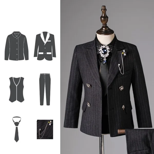 Fashion Black Rhinestone 6-piece Boys Wedding Suits 2025 Long Sleeve Body Jewellery Coat Pants Shirt Tie Vest Wedding