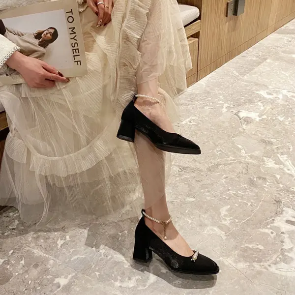 Vintage / Retro Beige Street Wear Satin Pumps 2022 Pearl Ankle Strap 5 cm Thick Heels Square Toe Pumps High Heels
