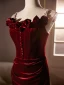 Chic / Beautiful Burgundy Flower Velvet Formal Dresses 2024 Trumpet / Mermaid Spaghetti Straps Sleeveless Backless Sweep Train Evening Party Evening Dresses