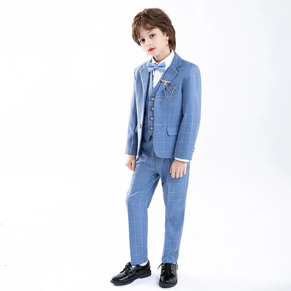 Sky Blue Long Sleeve 6-piece Plaid Boys Wedding Suits 2025 Wedding Body Jewellery Coat Pants Shirt Tie Vest