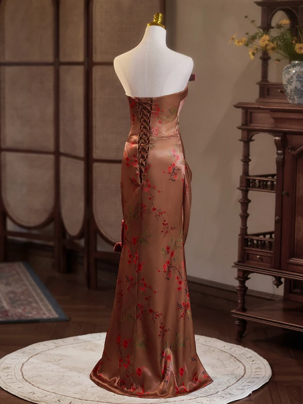 Sexy Brown Embroidered Evening Dresses 2024 Trumpet / Mermaid Strapless Sleeveless Backless Floor-Length / Long Evening Party Formal Dresses