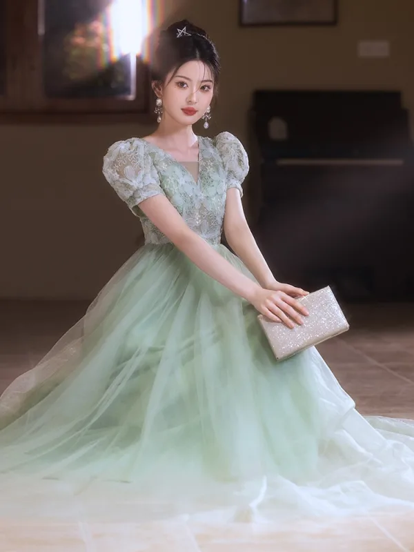 Chic / Belle Vert Cendré Fleur Robe De Bal 2025 Princesse V-Cou Manches Courtes Dos Nu Longue Promo Robe De Ceremonie