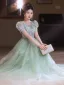 Chic / Belle Vert Cendré Fleur Robe De Bal 2025 Princesse V-Cou Manches Courtes Dos Nu Longue Promo Robe De Ceremonie