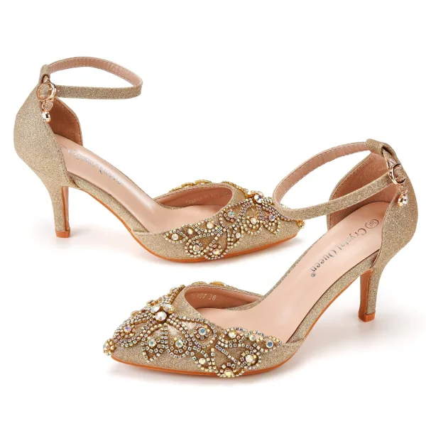 Charmant Bling Bling Doré Faux Diamant Paillettes Soirée Sandales Femme 2023 Bride Cheville 7 cm Talons Aiguilles À Bout Pointu Sandales Talons Hauts