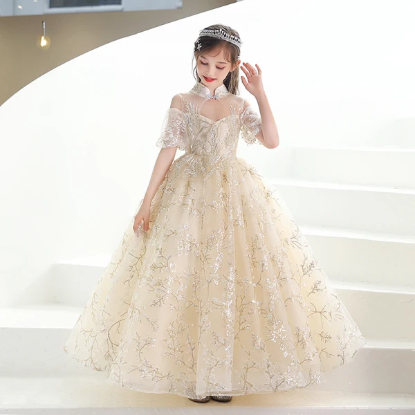 Fashion Champagne Lace Flower Sequins Birthday Flower Girl Dresses 2022 Ball Gown High Neck Short Sleeve Backless Floor-Length / Long Flower Girl Dresses