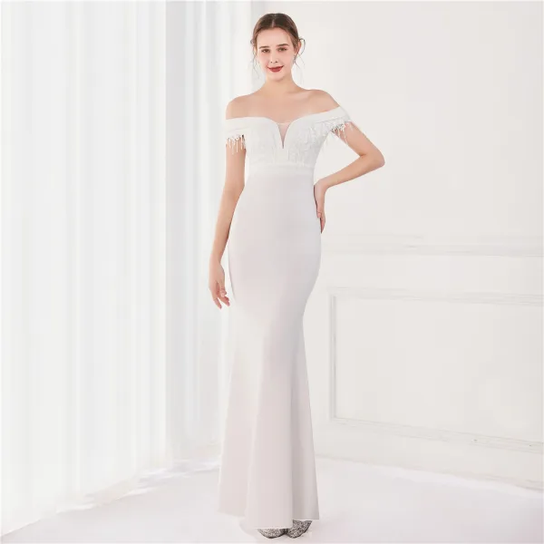 Sexy Black Satin Evening Dresses 2022 Trumpet / Mermaid Off-The-Shoulder Beading Tassel Sleeveless Backless Floor-Length / Long Evening Party Formal Dresses
