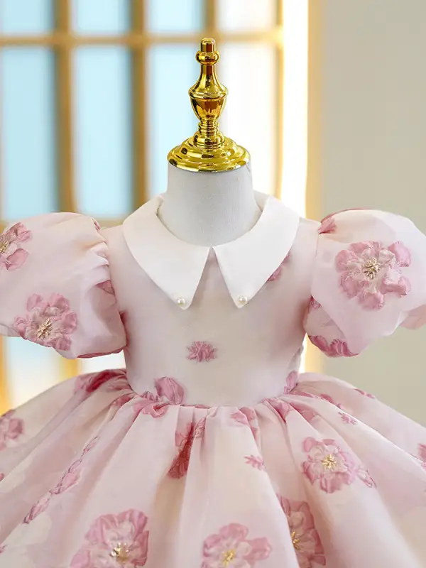 Lovely Blushing Pink Flower Short Birthday Flower Girl Dresses 2022 Ball Gown Scoop Neck Puffy Short Sleeve Beading Flower Girl Dresses