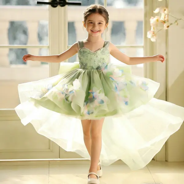 Dreamy Sage Green Beading Pearl Appliques Birthday Short Flower Girl Dresses 2026 Ball Gown Square Neckline Sleeveless Backless Tulle