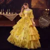 Vintage / Retro Medieval Yellow Prom Dresses 2022 Ball Gown Scoop Neck Beading Sequins Cascading Ruffles Bell sleeves Backless Floor-Length / Long Formal Dresses